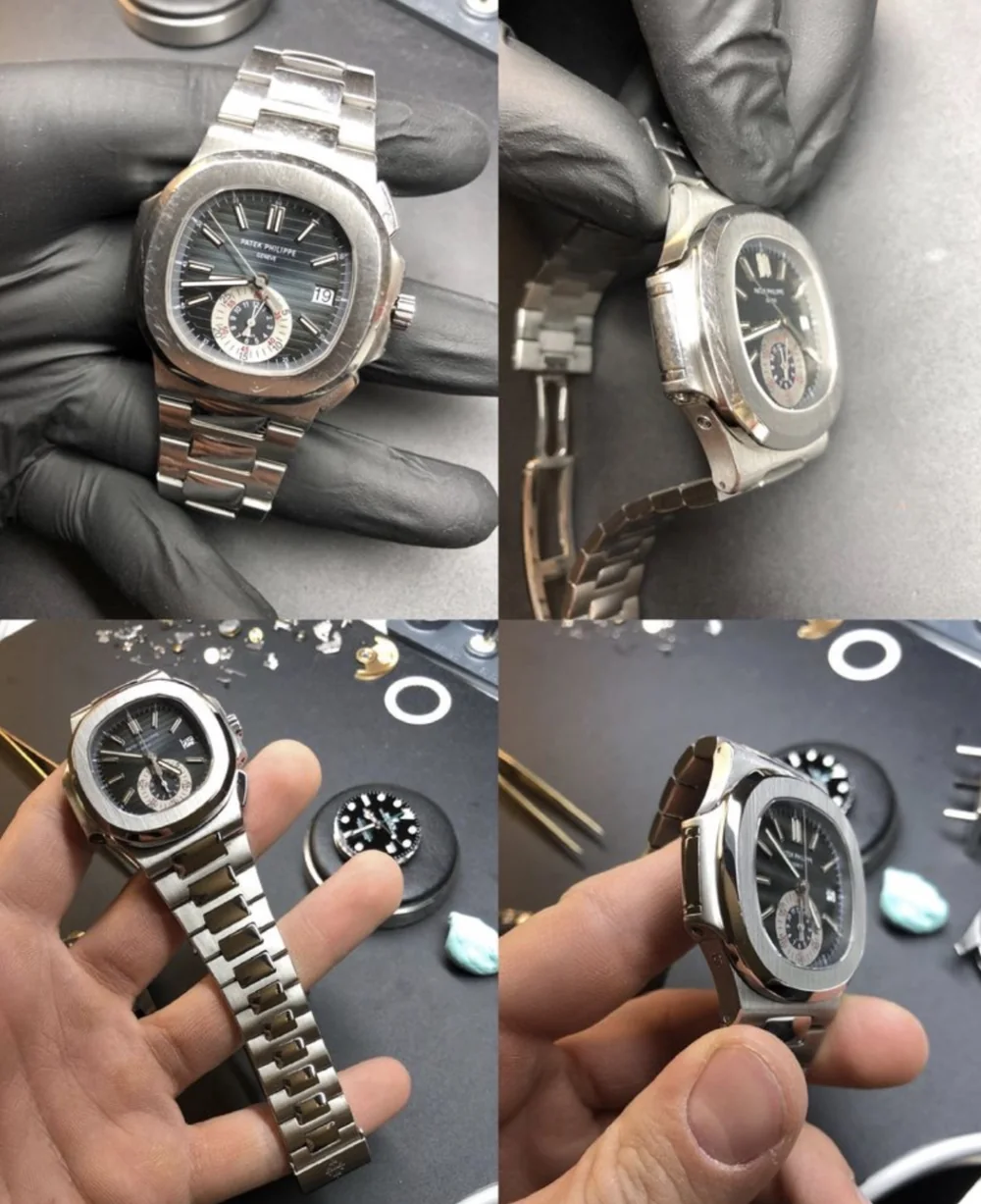 Vier Ansichten einer Uhr vor und nach der Aufarbeitung